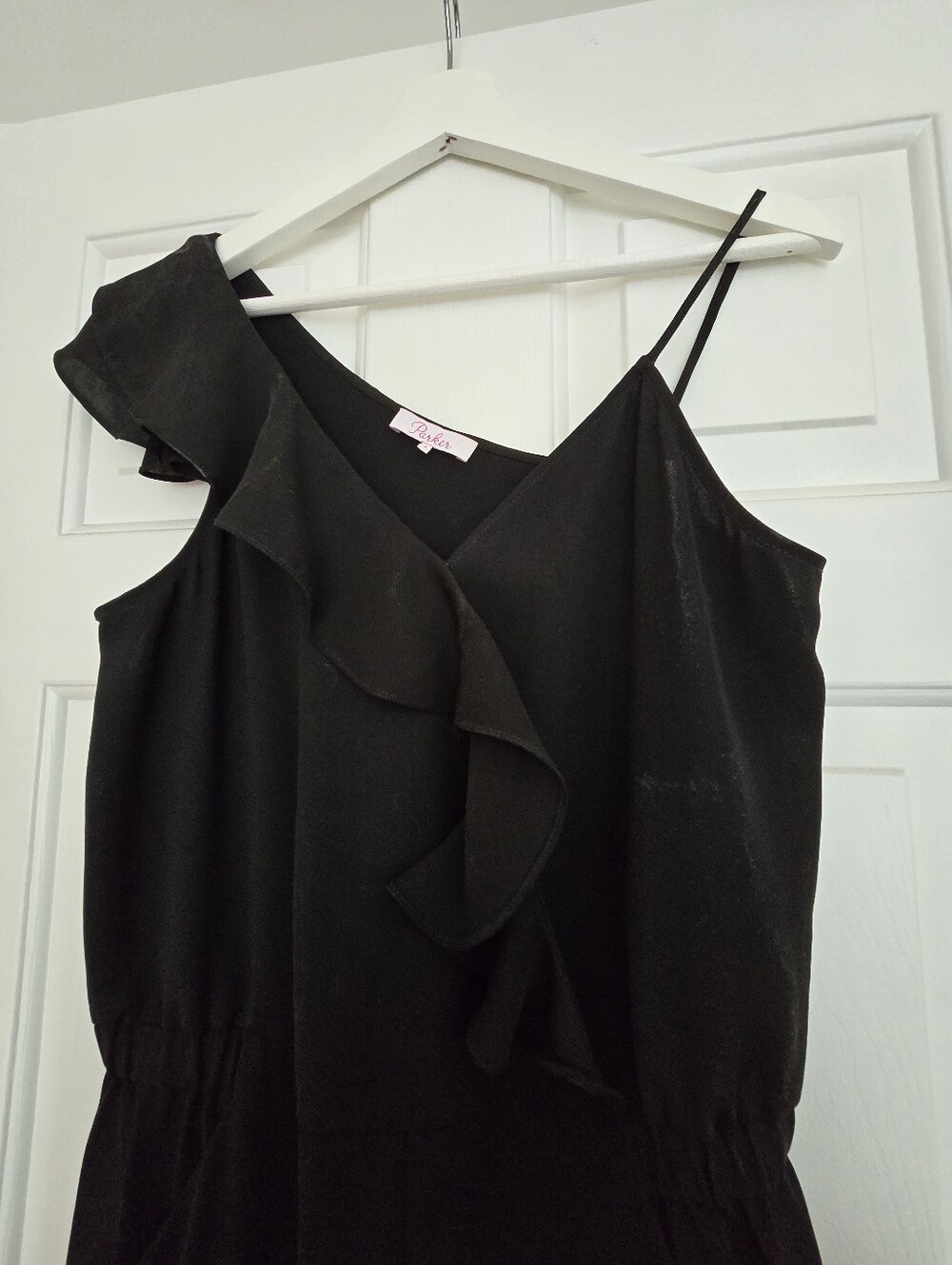 Parker Black Ruffled One-Shoulder Jumpsuit, Size 6 - Picture 6 of 8